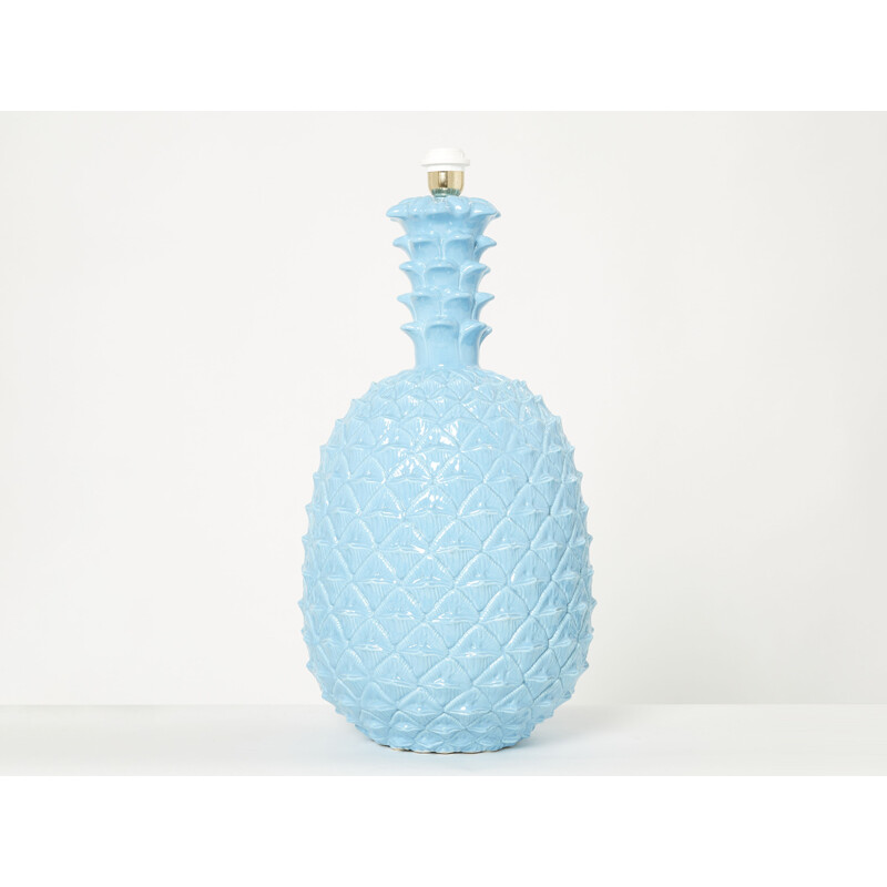 Lampada vintage ad ananas in ceramica blu di Tommaso Barbi, Italia 1970