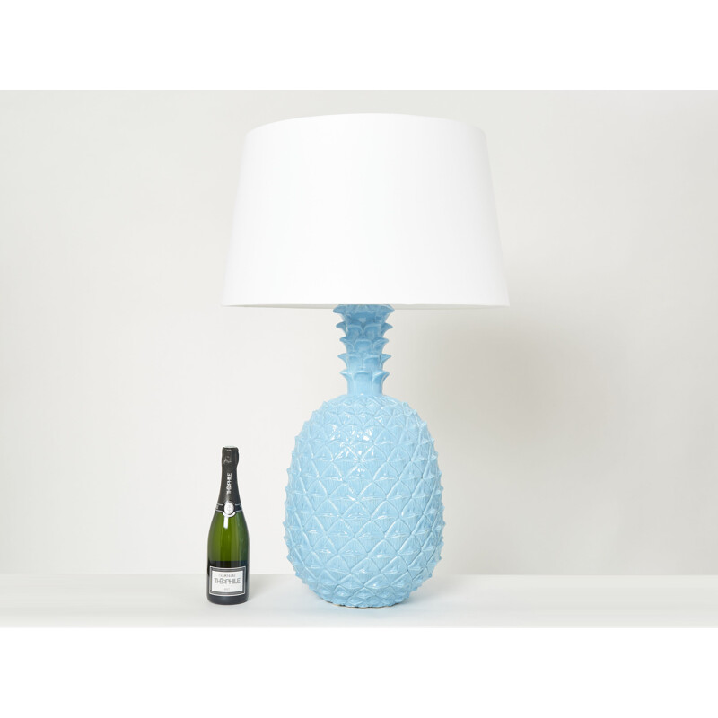 Lampada vintage ad ananas in ceramica blu di Tommaso Barbi, Italia 1970