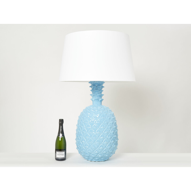 Vintage blue ceramic pineapple lamp by Tommaso Barbi, Italy 1970