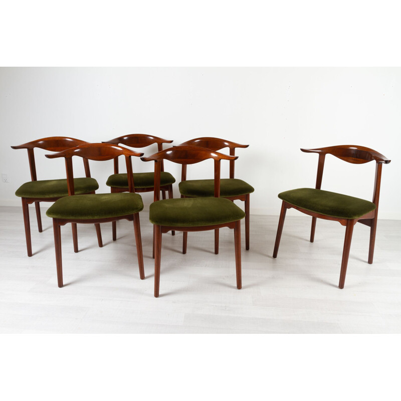 Set of 6 vintage mahogany and cow horn chairs, Denmark 1940