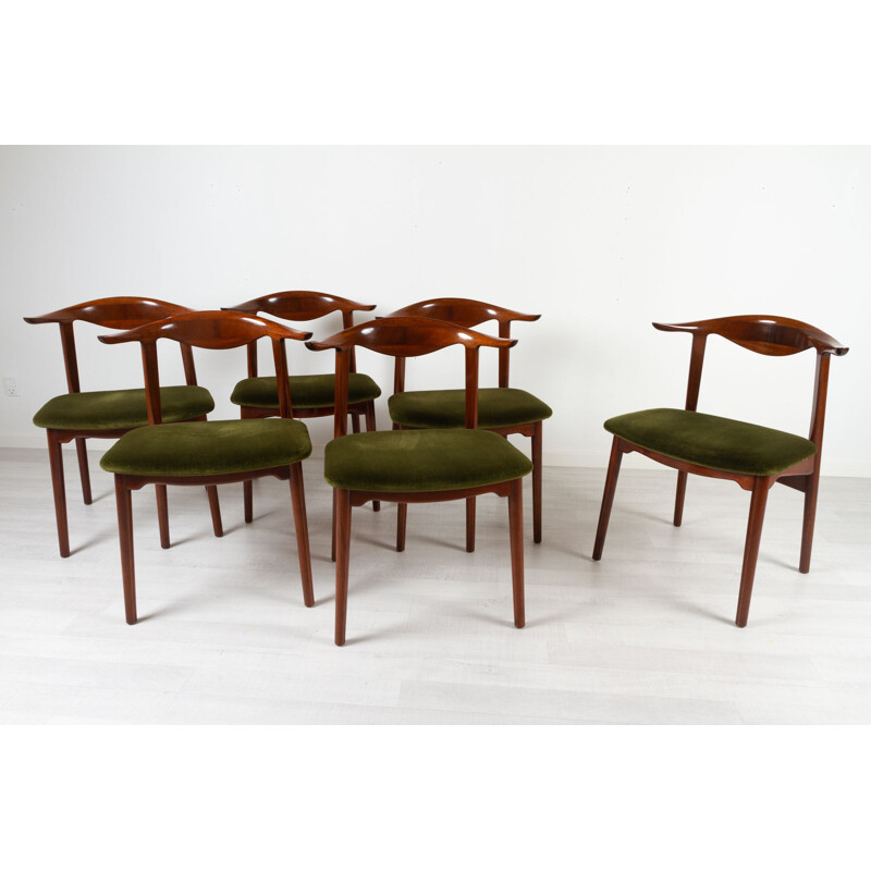 Set van 6 vintage mahonie en koehoorn stoelen, Denemarken 1940