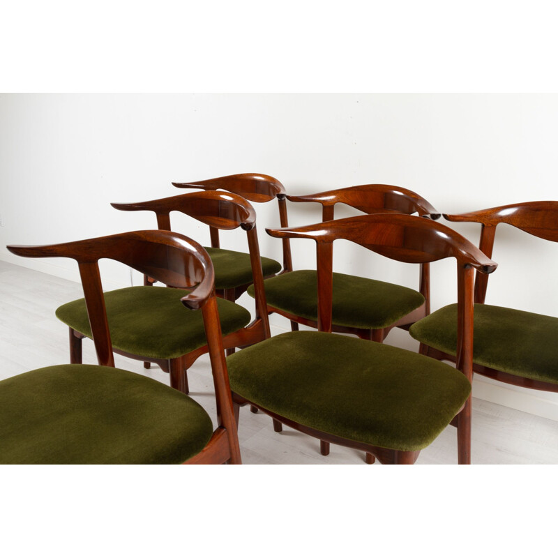 Set of 6 vintage mahogany and cow horn chairs, Denmark 1940