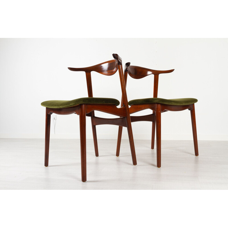 Set of 6 vintage mahogany and cow horn chairs, Denmark 1940