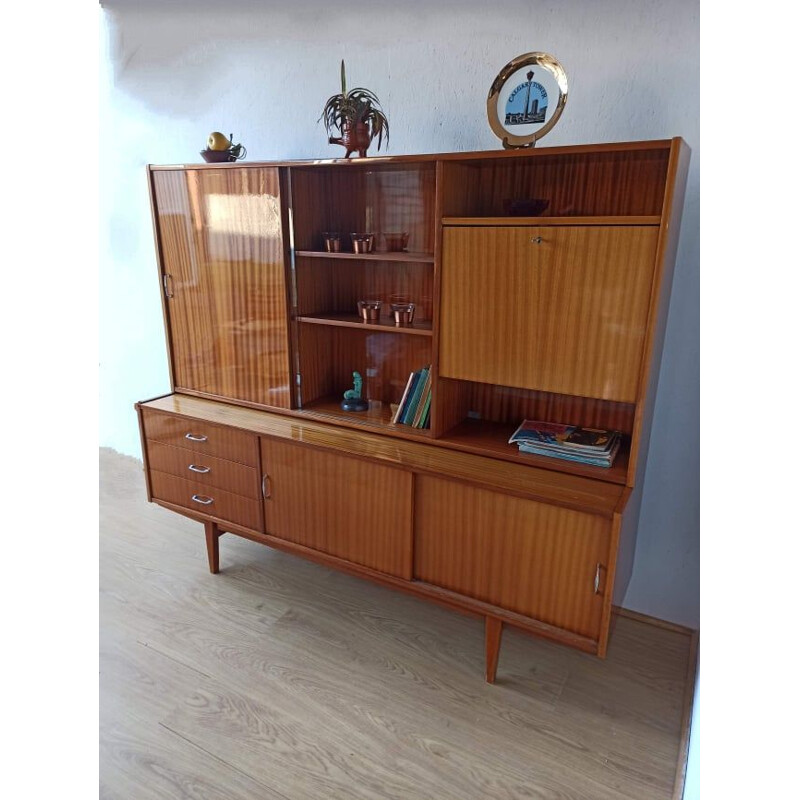 Bibliothèque moderniste vintage en bois et verre, 1970