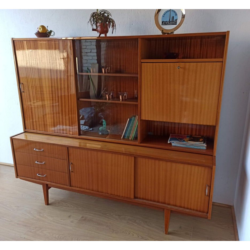 Vintage modernist wood and glass bookcase, 1970s