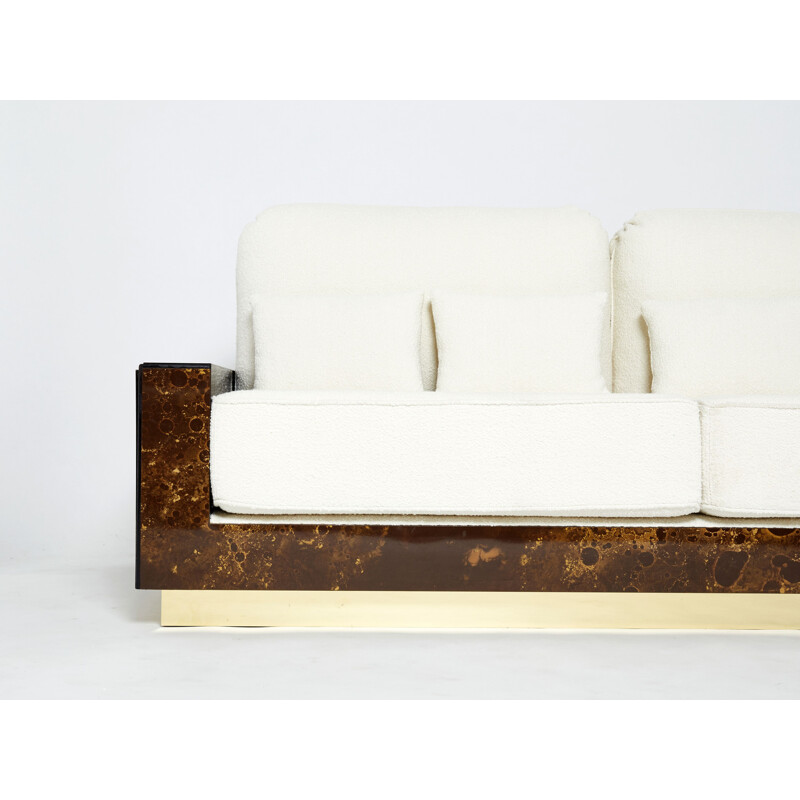 Vintage latão e sofá de lã encaracolado por Jansen, 1970