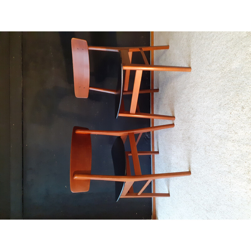 Pair of vintage Danish chairs in wood and black leatherette