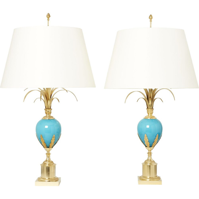 Paar vintage blauwe opaline messing lampen van Maison Charles, 1970