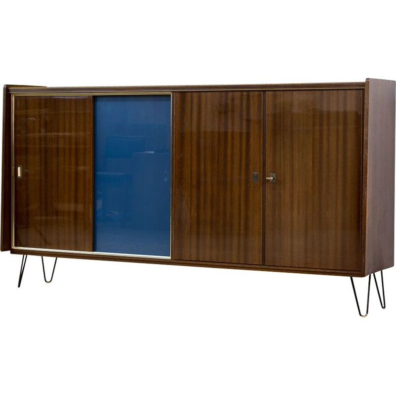 Scandinavian vintage brown and blue wood sideboard, 1960