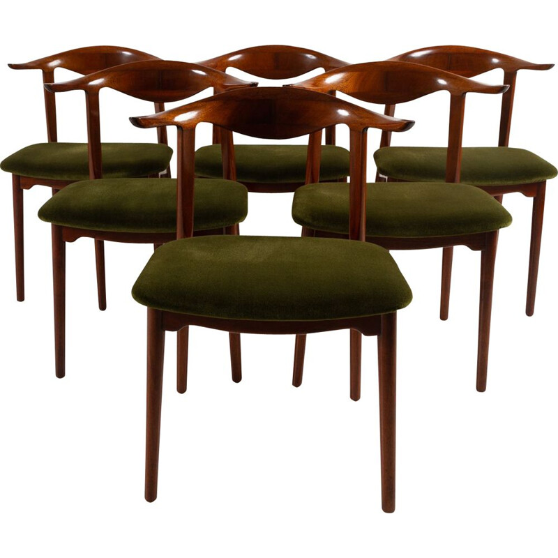 Set of 6 vintage mahogany and cow horn chairs, Denmark 1940