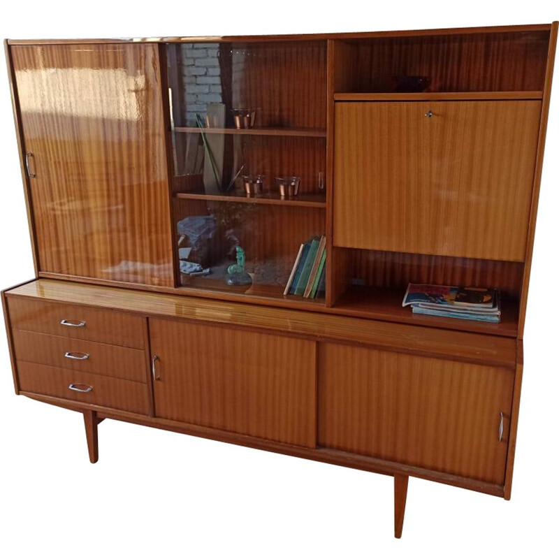 Vintage modernist wood and glass bookcase, 1970s