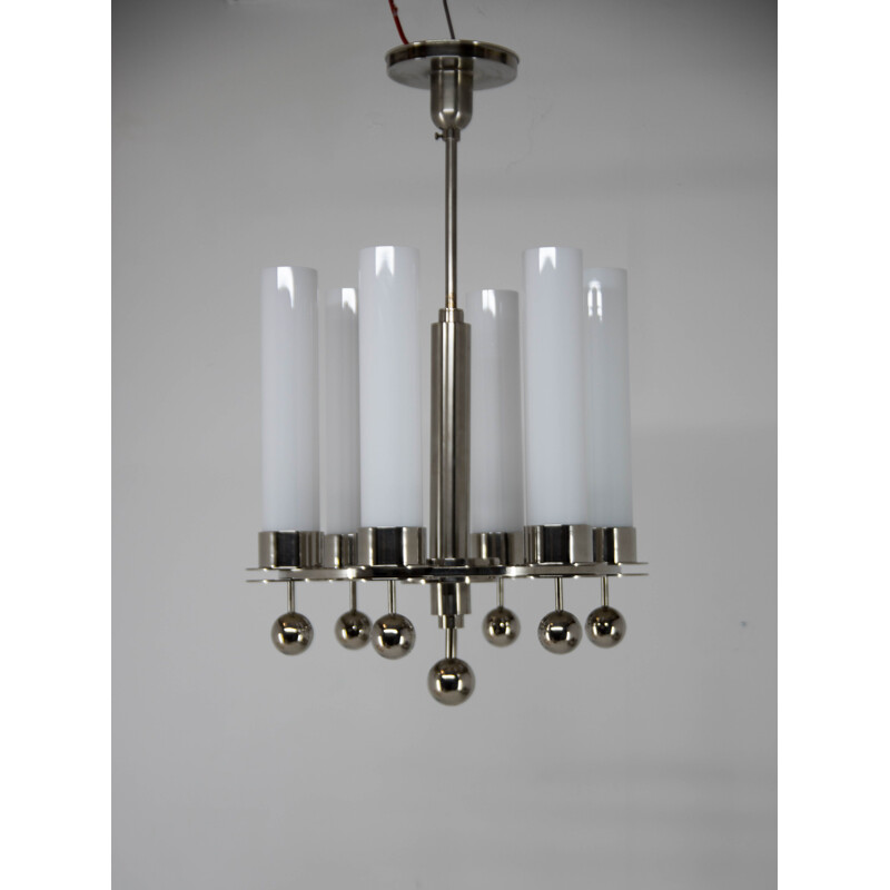 Vintage art deco tubular chandelier in opaline glass, 1930