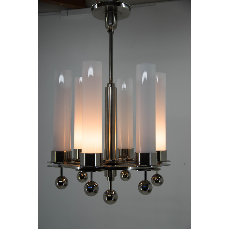 Vintage art deco tubular chandelier in opaline glass, 1930