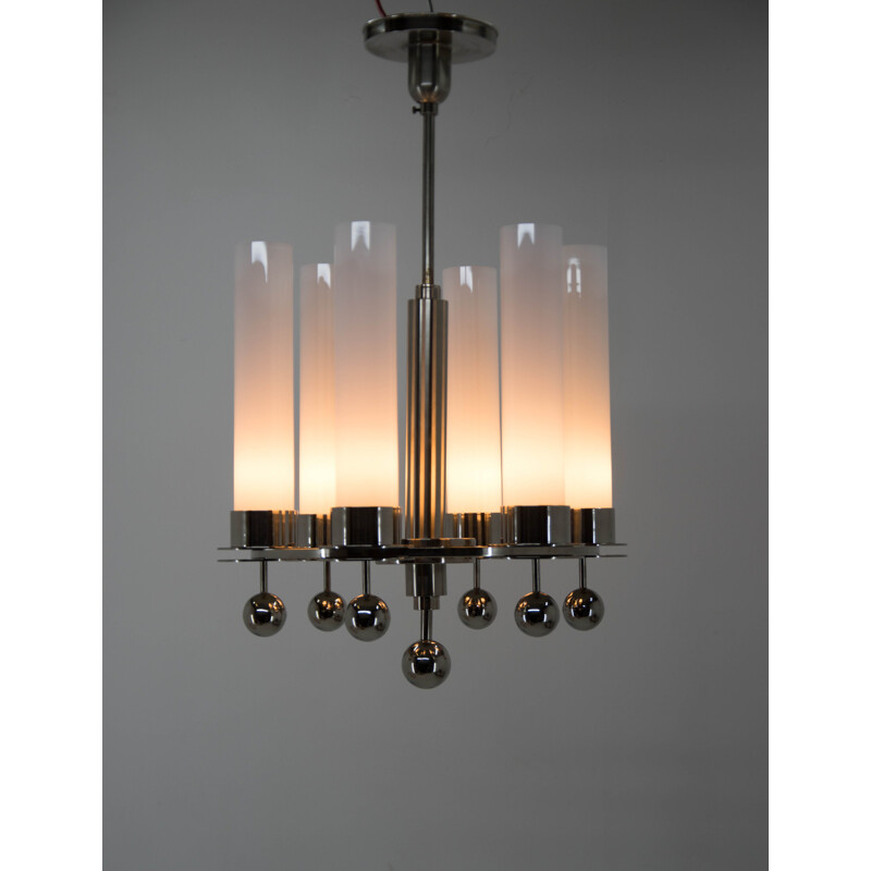 Vintage art deco tubular chandelier in opaline glass, 1930