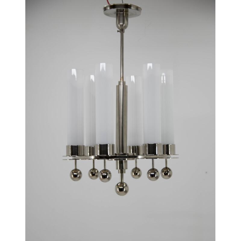 Vintage art deco tubular chandelier in opaline glass, 1930