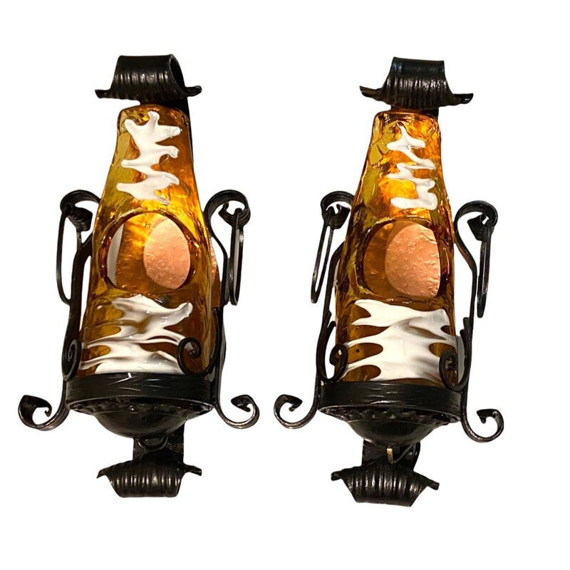 Pair of vintage Italian rustic Murano glass wall lamps, 1970s