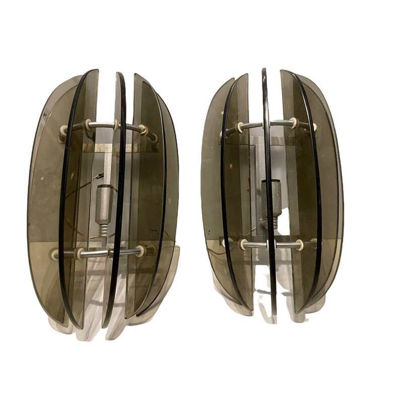 Pair of vintage smoked glass sconces by Veca, Italy 1970