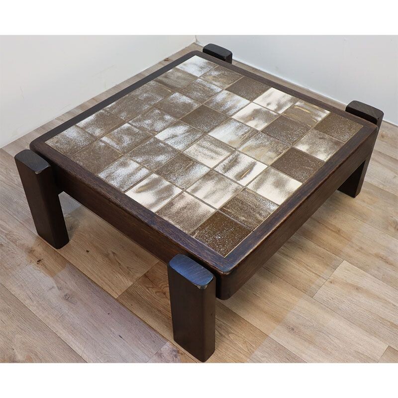Vintage ceramic and solid wood coffee table, 1960