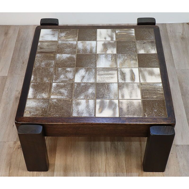 Vintage ceramic and solid wood coffee table, 1960