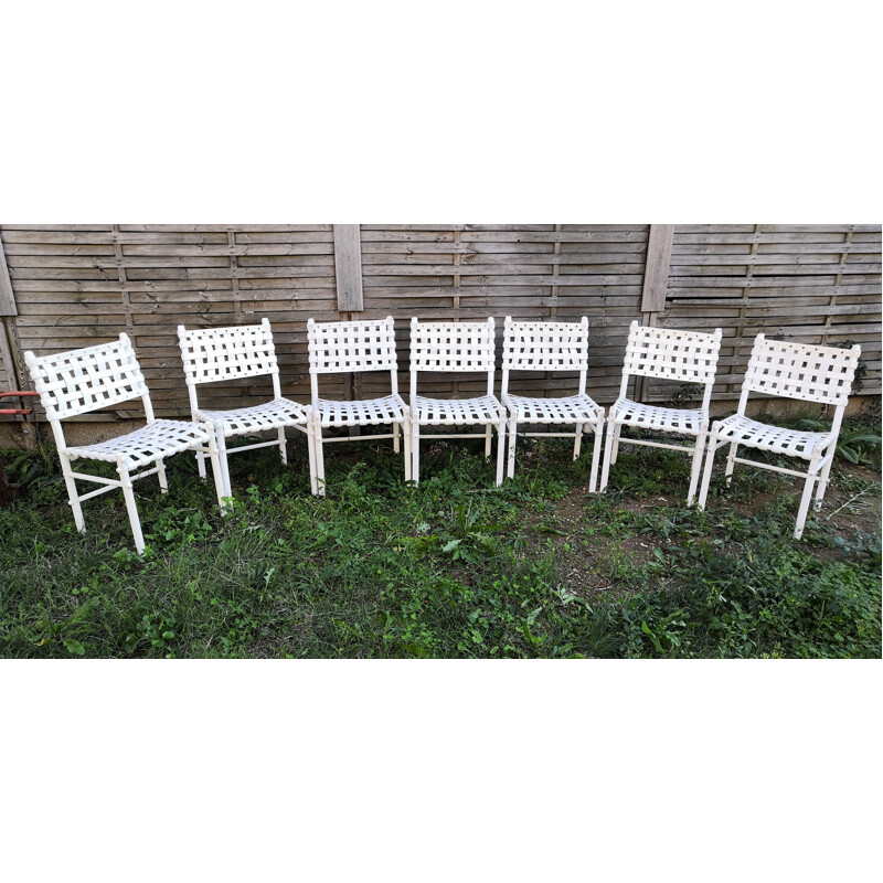 Set of 7 vintage Triconfort white woven chairs, 1980