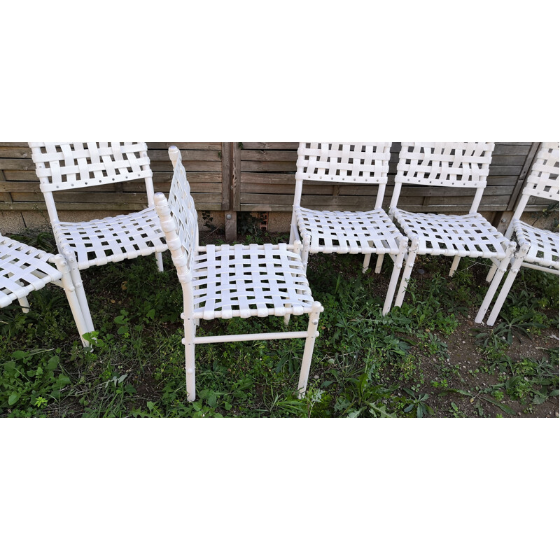 Set of 7 vintage Triconfort white woven chairs, 1980