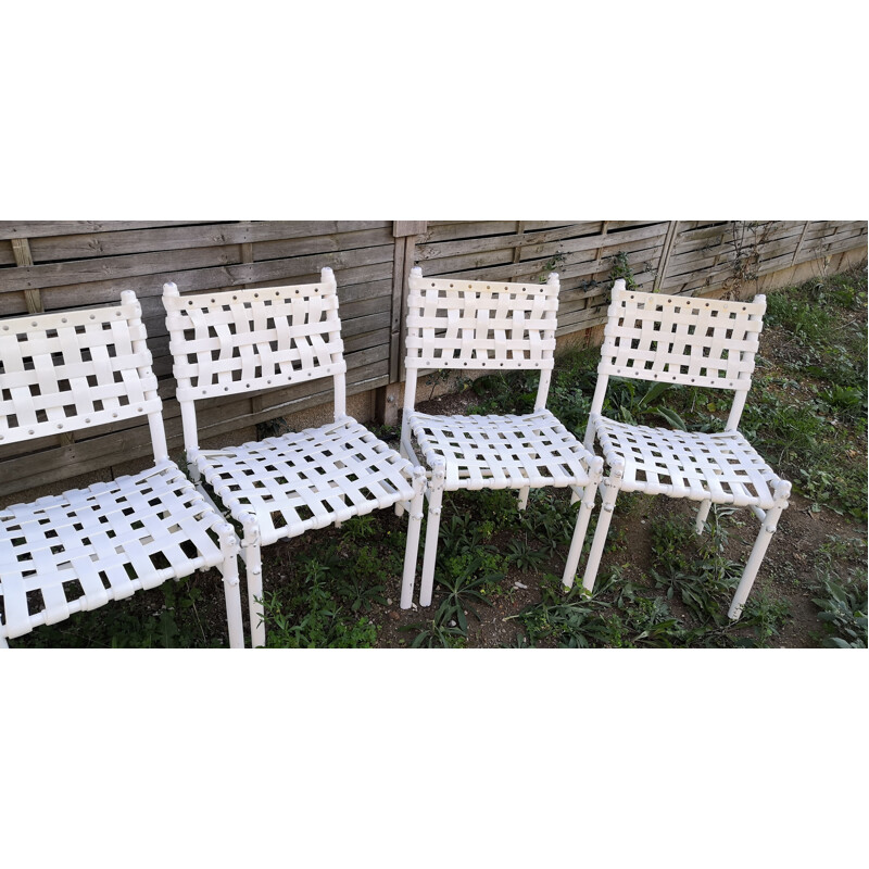 Set of 7 vintage Triconfort white woven chairs, 1980