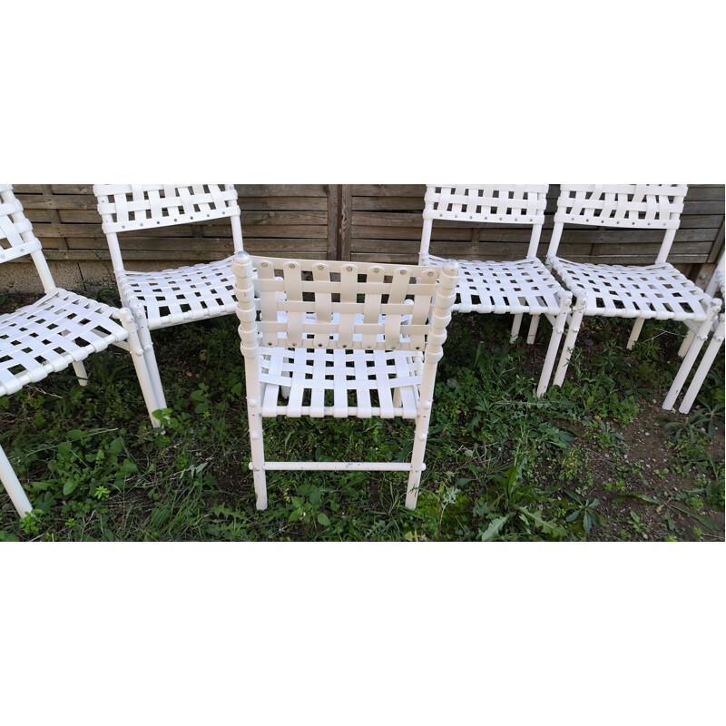 Set of 7 vintage Triconfort white woven chairs, 1980