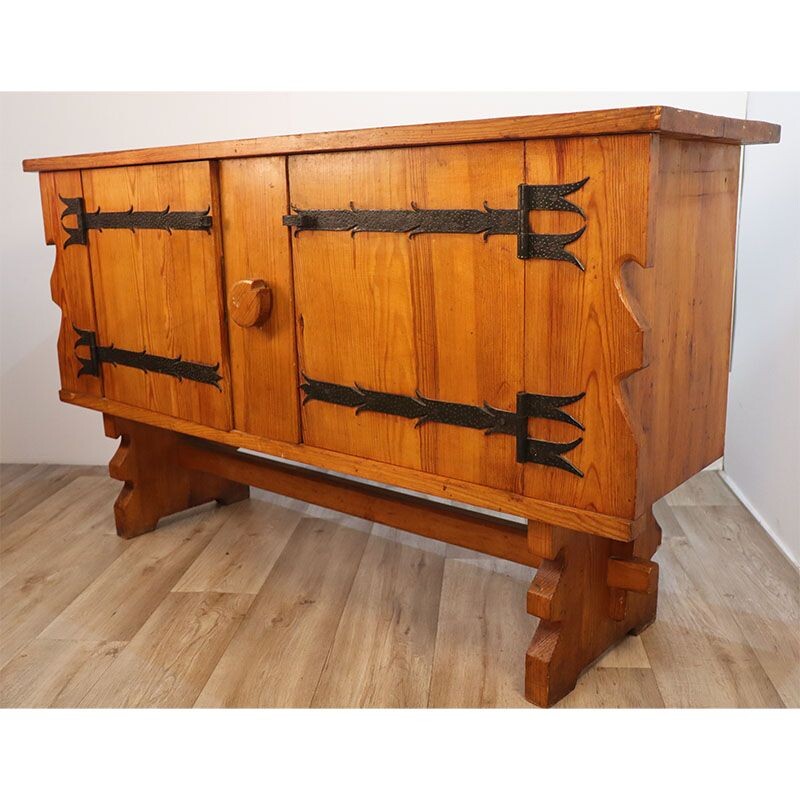 Vintage Brutalist solid wood highboard, 1960