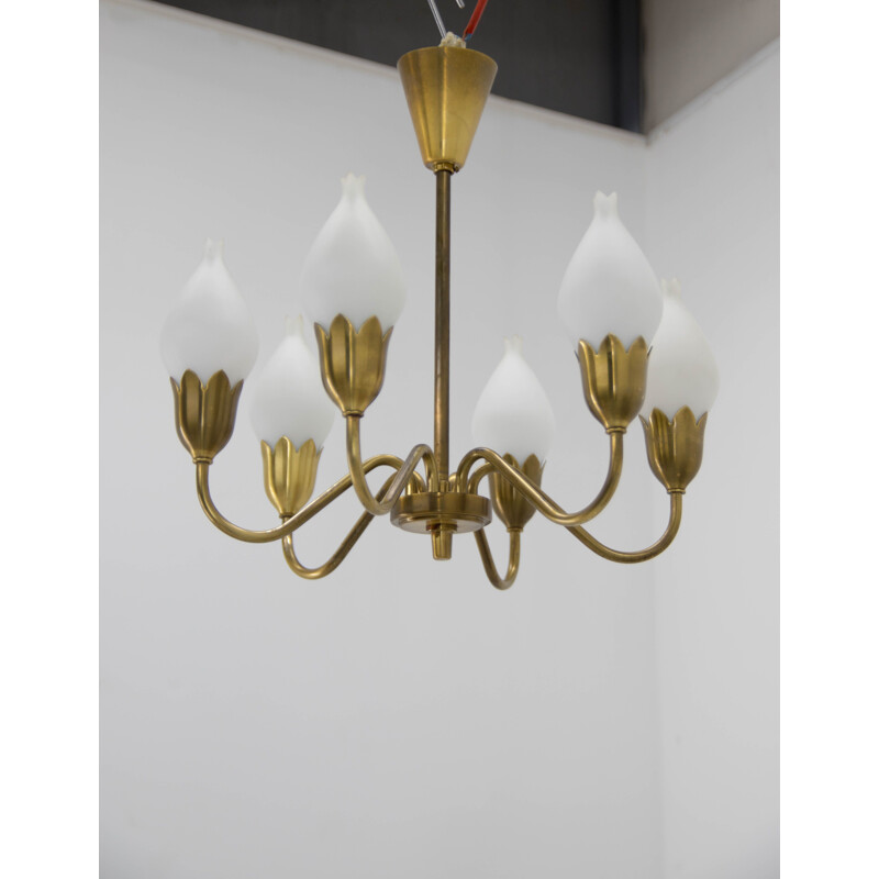 Brass and opaline glass vintage chandelier by Fog & Mørup, 1950s