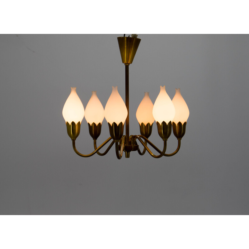 Brass and opaline glass vintage chandelier by Fog & Mørup, 1950s