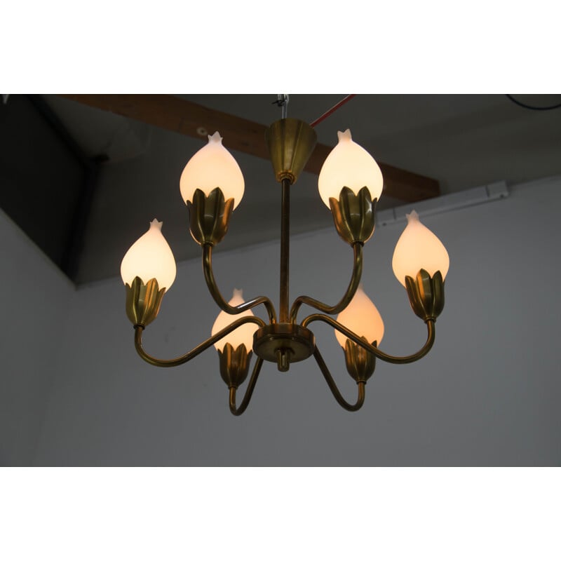 Brass and opaline glass vintage chandelier by Fog & Mørup, 1950s