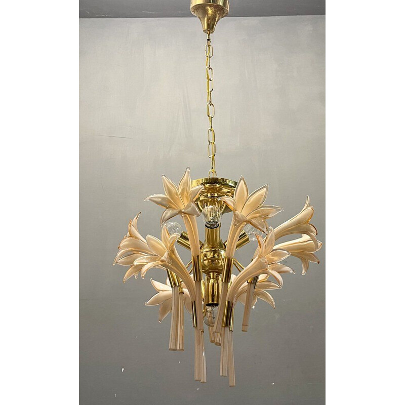 Italian vintage pink Murano glass flower chandelier, 1970s