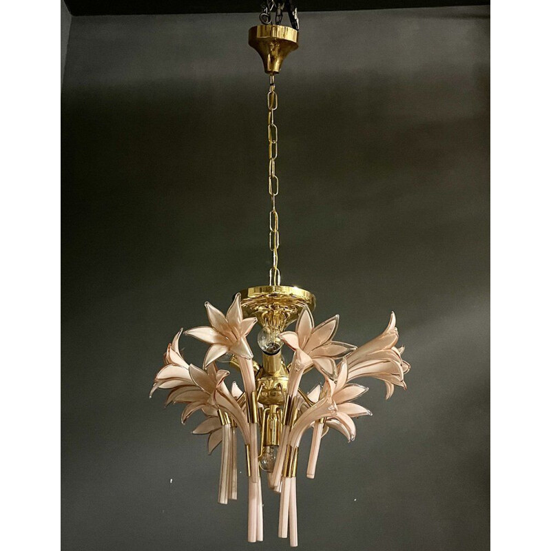 Italian vintage pink Murano glass flower chandelier, 1970s