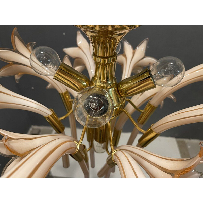 Italian vintage pink Murano glass flower chandelier, 1970s