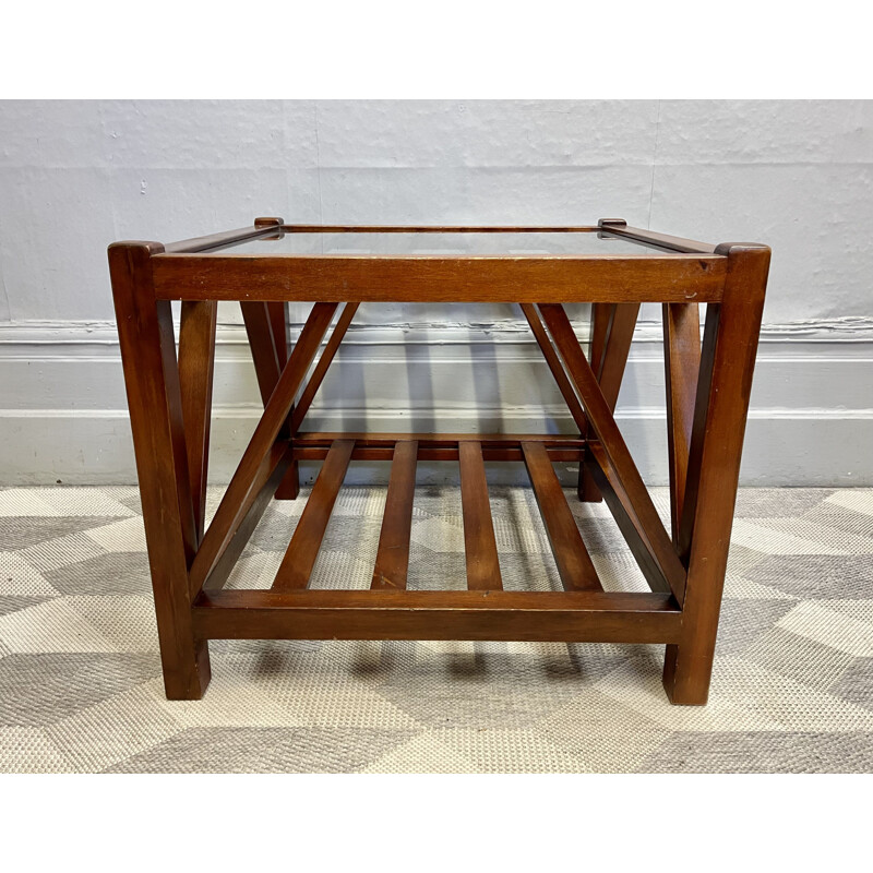 Indonesian vintage square coffee table with glass top
