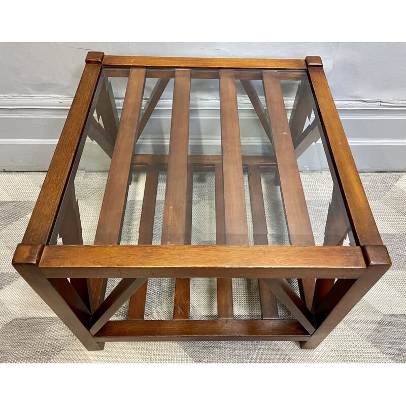 Indonesian vintage square coffee table with glass top