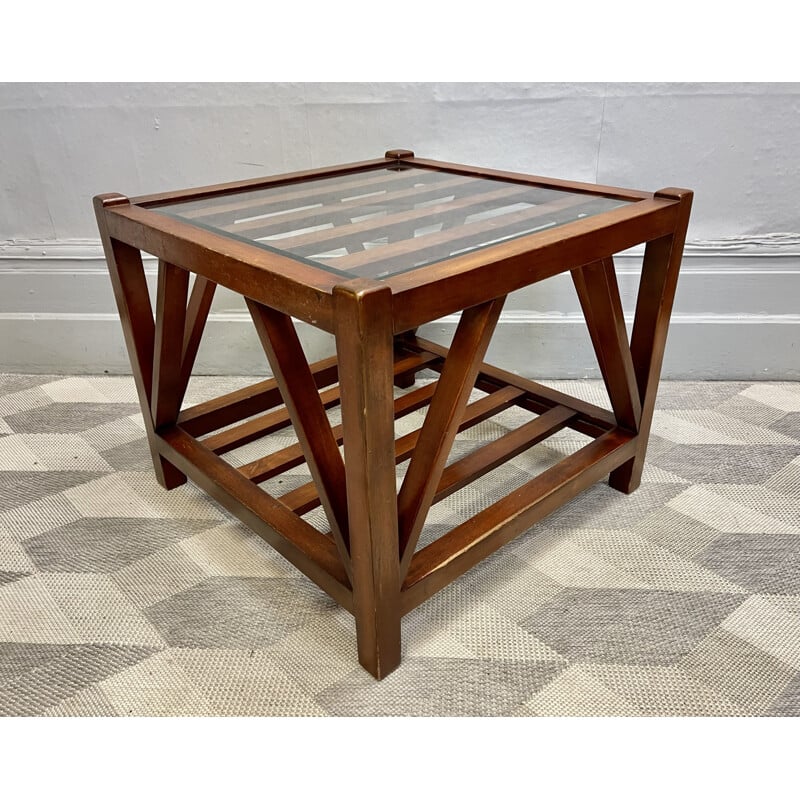 Indonesian vintage square coffee table with glass top