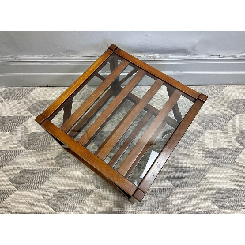 Table basse carrée vintage indonésienne avec plateau en verre