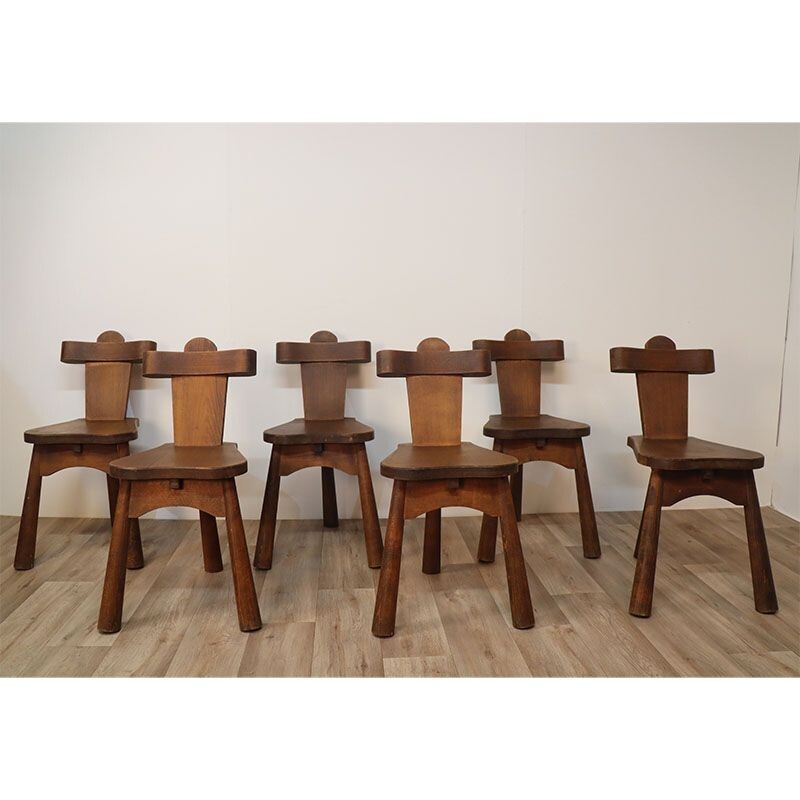 Set of 6 vintage Brutalist tripod chairs in solid wood, 1950