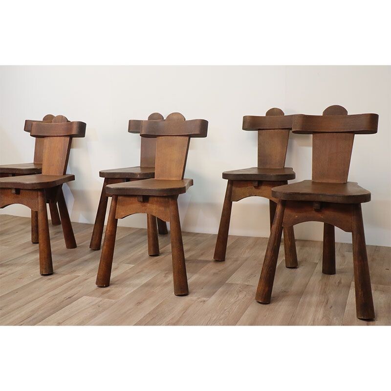 Set of 6 vintage Brutalist tripod chairs in solid wood, 1950