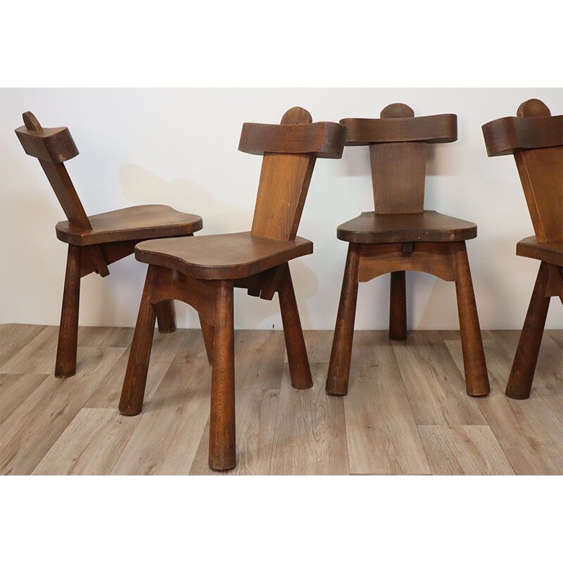 Set of 6 vintage Brutalist tripod chairs in solid wood, 1950