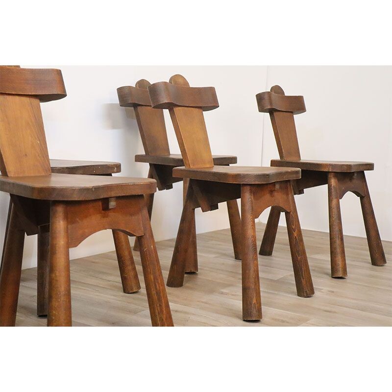 Set of 6 vintage Brutalist tripod chairs in solid wood, 1950