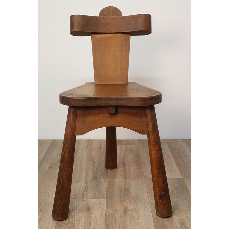 Set of 6 vintage Brutalist tripod chairs in solid wood, 1950