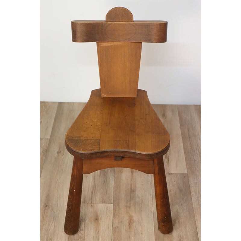 Conjunto de 6 cadeiras de tripé de madeira maciça brutalista, 1950