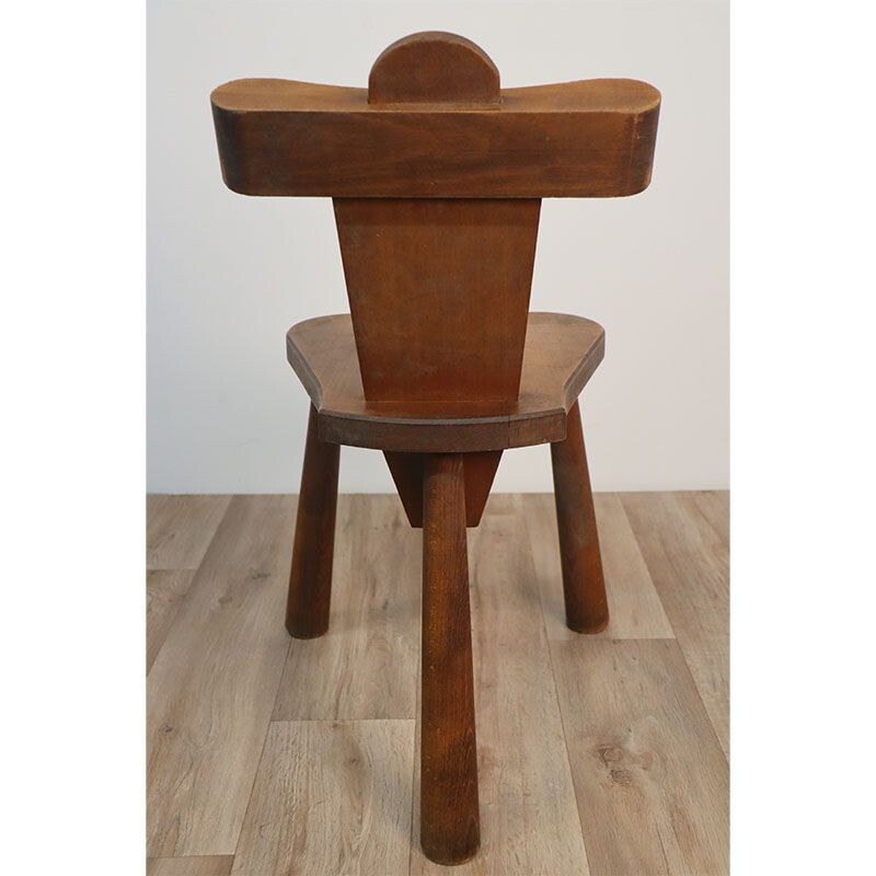 Conjunto de 6 sillas trípodes de madera maciza Brutalista vintage, 1950