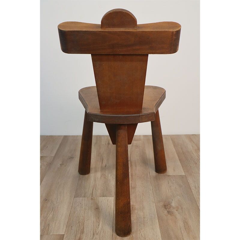 Set of 6 vintage Brutalist tripod chairs in solid wood, 1950