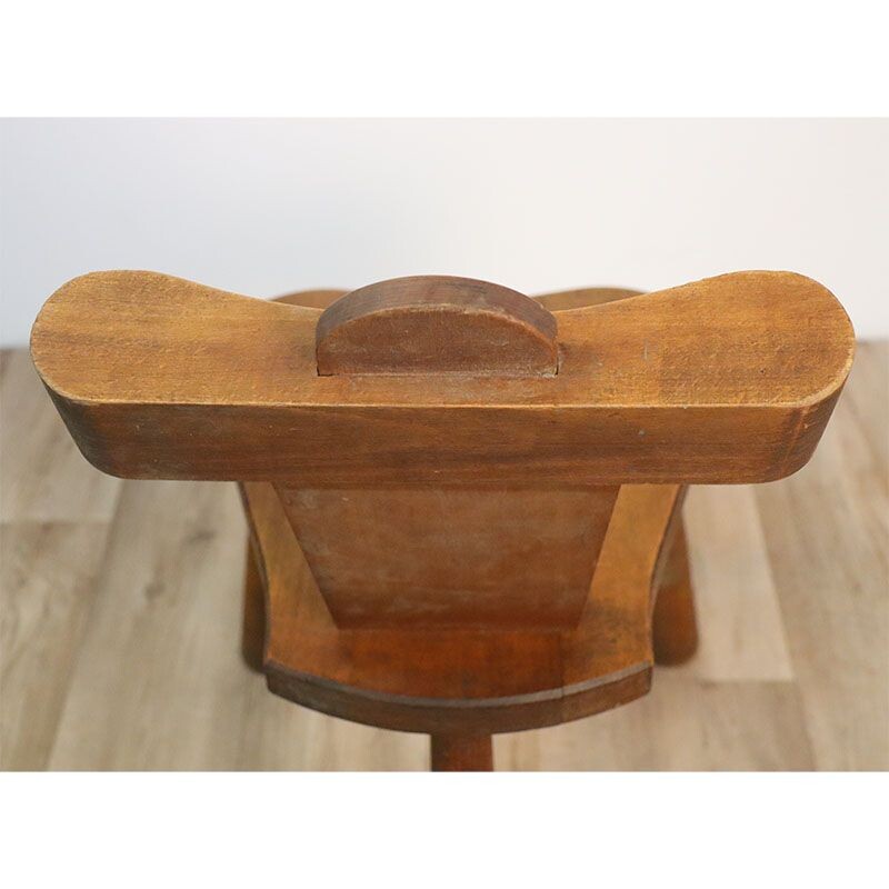 Set of 6 vintage Brutalist tripod chairs in solid wood, 1950