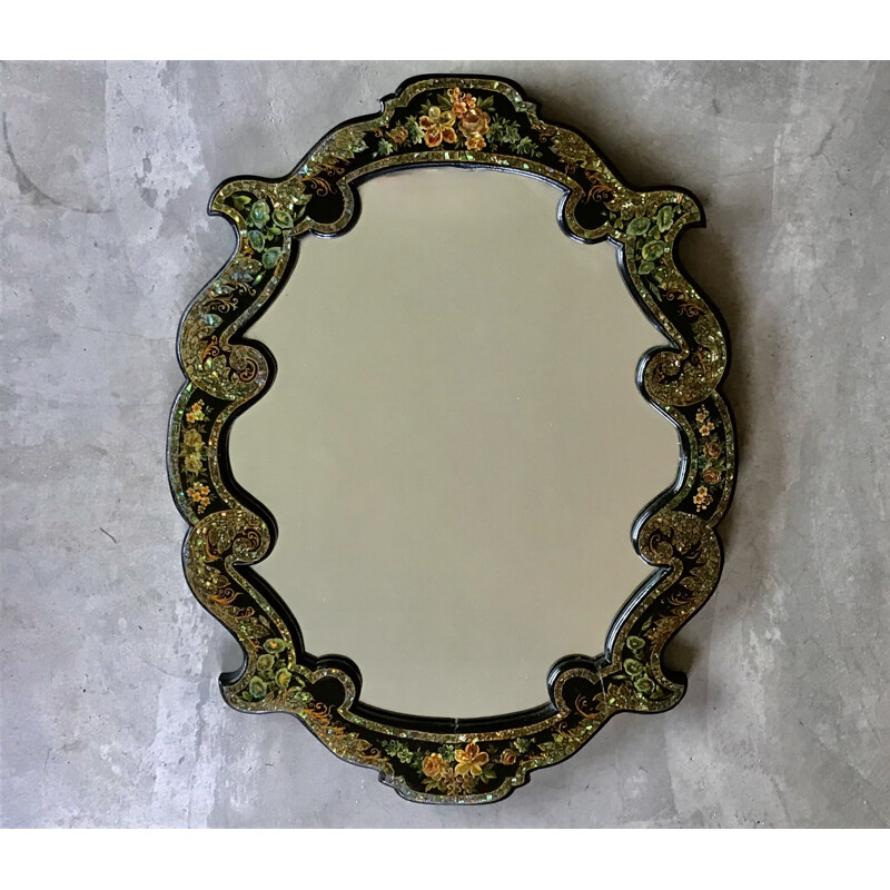 Miroir vintage Napoleon III en bois noirci et nacre