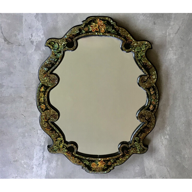 Napoleon III vintage mirror in blackened wood and mother of pearl