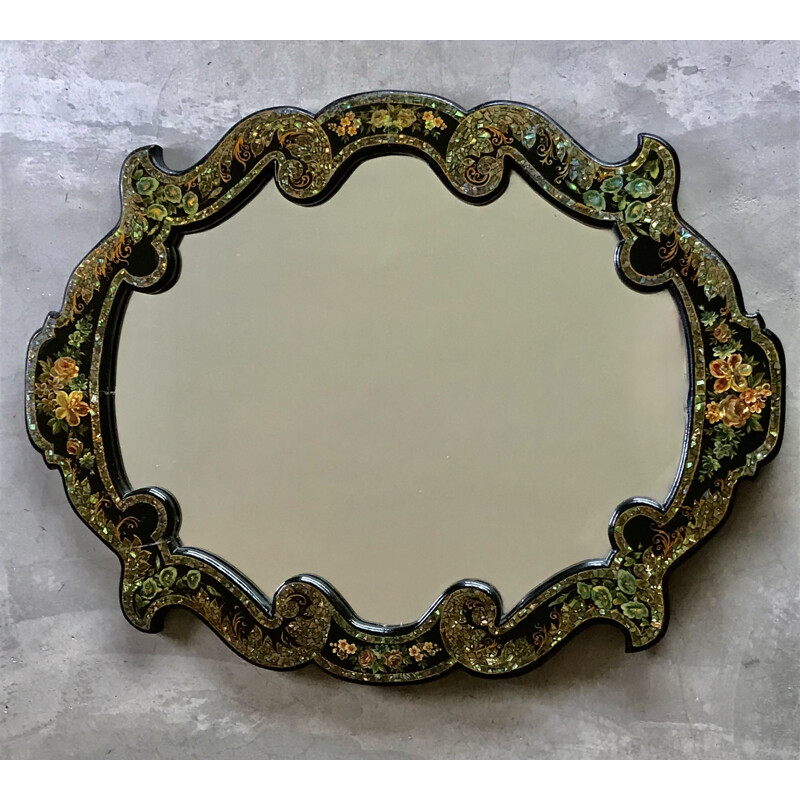 Napoleon III vintage mirror in blackened wood and mother of pearl